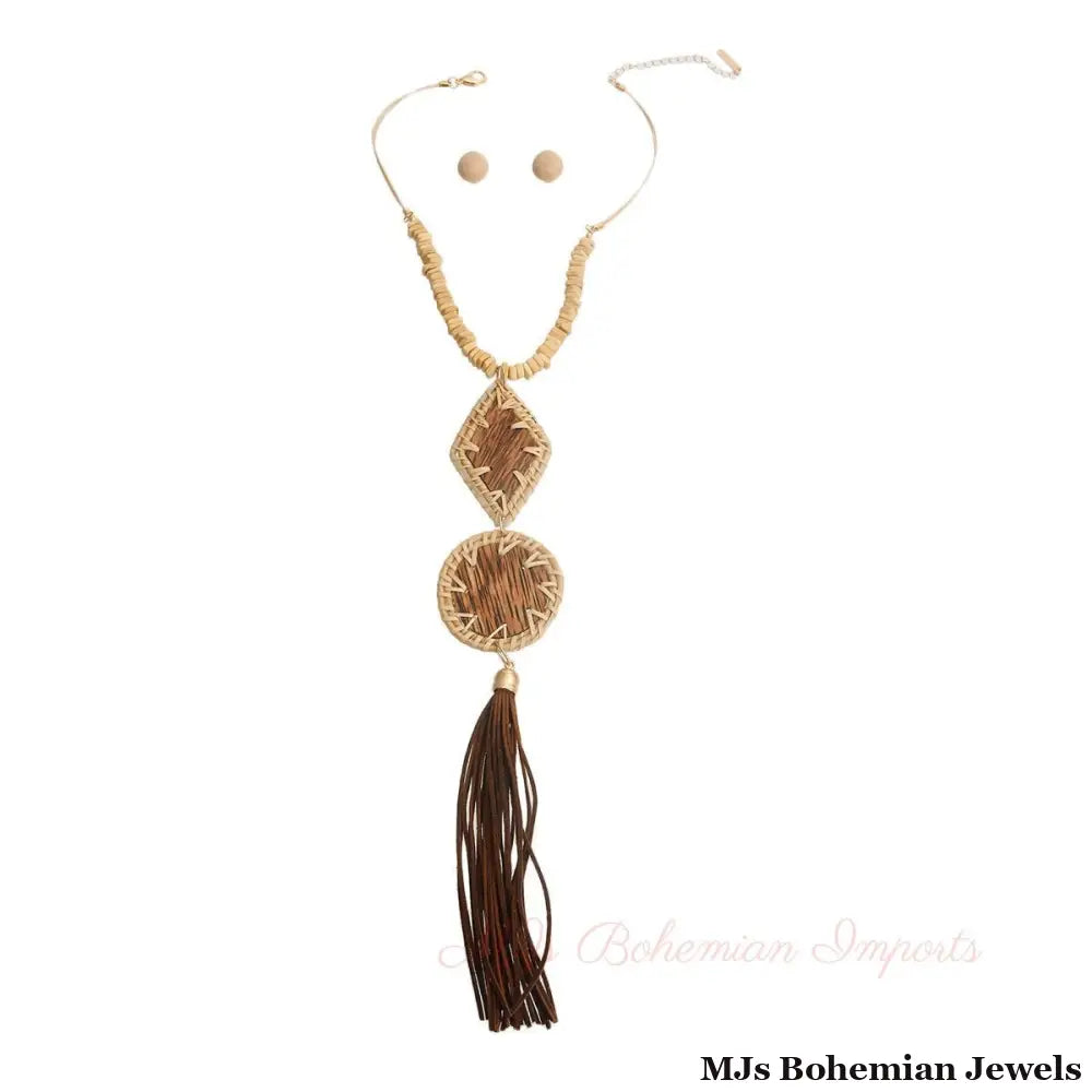 Brown Woven Wood Tassel Pendant Set