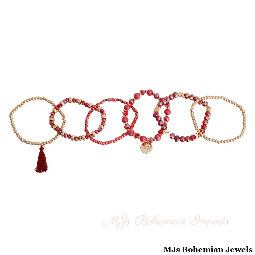 Burgundy Glass Love 6 pcs Bracelets
