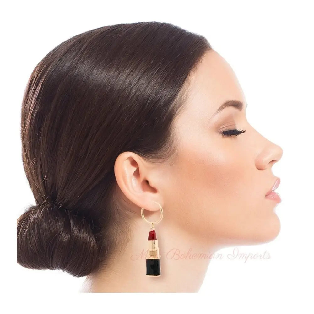 Burgundy Lipstick Charm Hoops