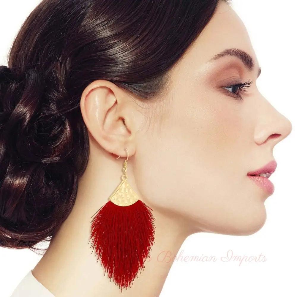 Burgundy Silk Tassel Fish Hook Earrings