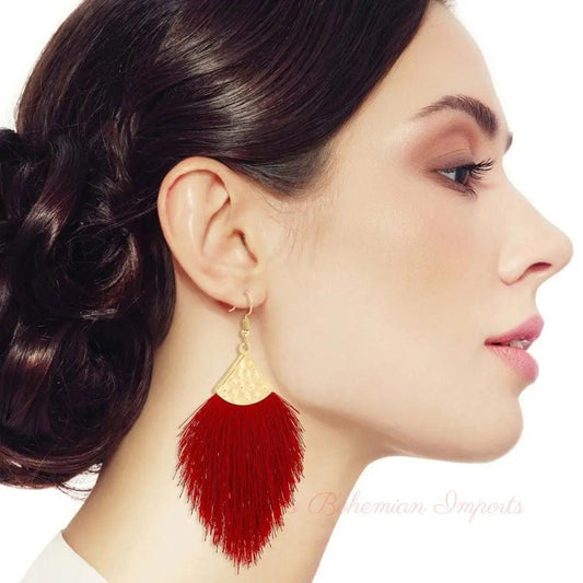 Burgundy Silk Tassel Fish Hook Earrings