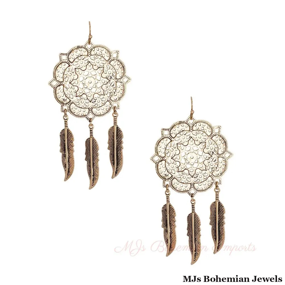 Burnished Gold Filigree Feather Earrings