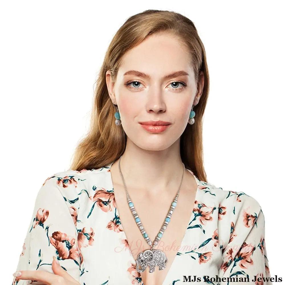 Burnished Silver and Bead Elephant Necklace