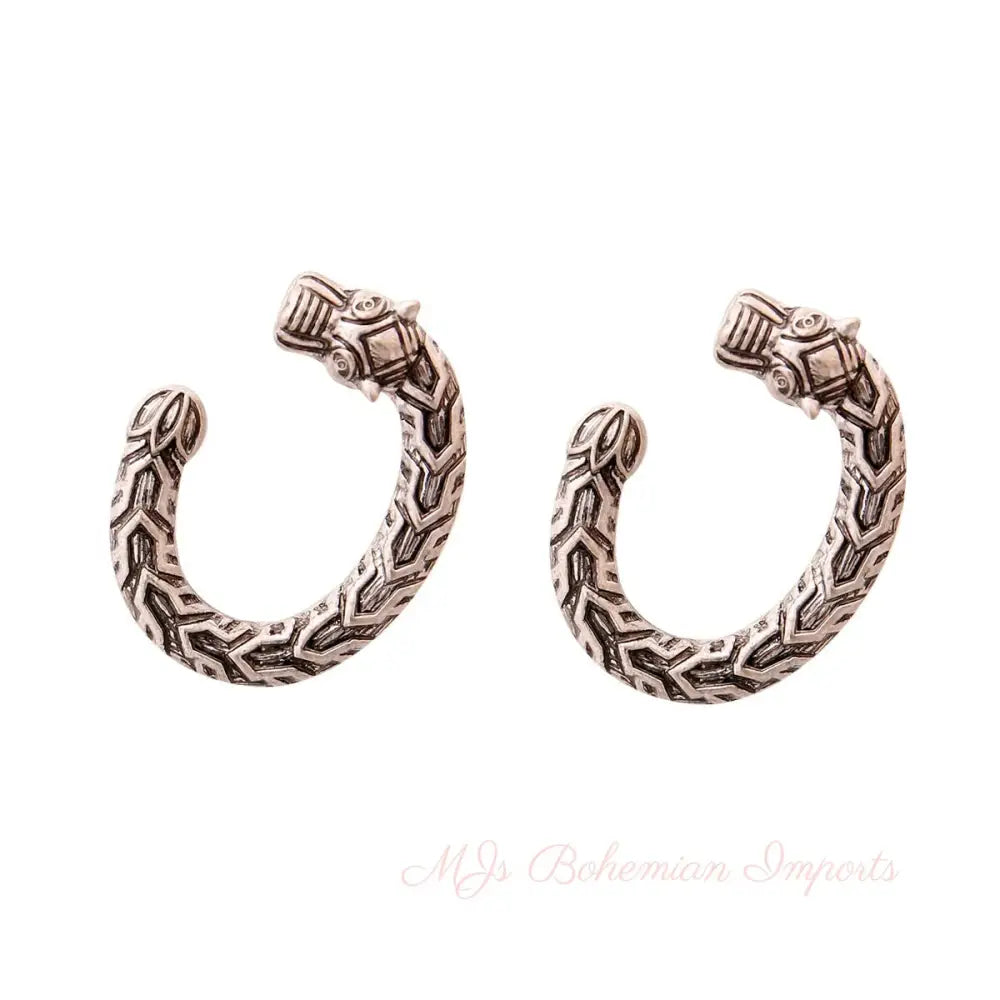 Burnished Silver Dragon Horseshoe Earrings