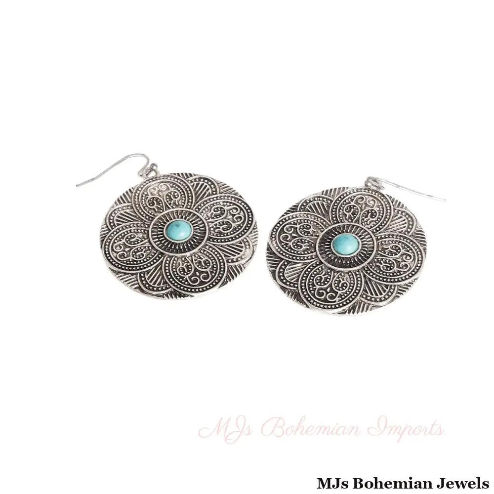 Burnished Silver Engraved Round Earrings