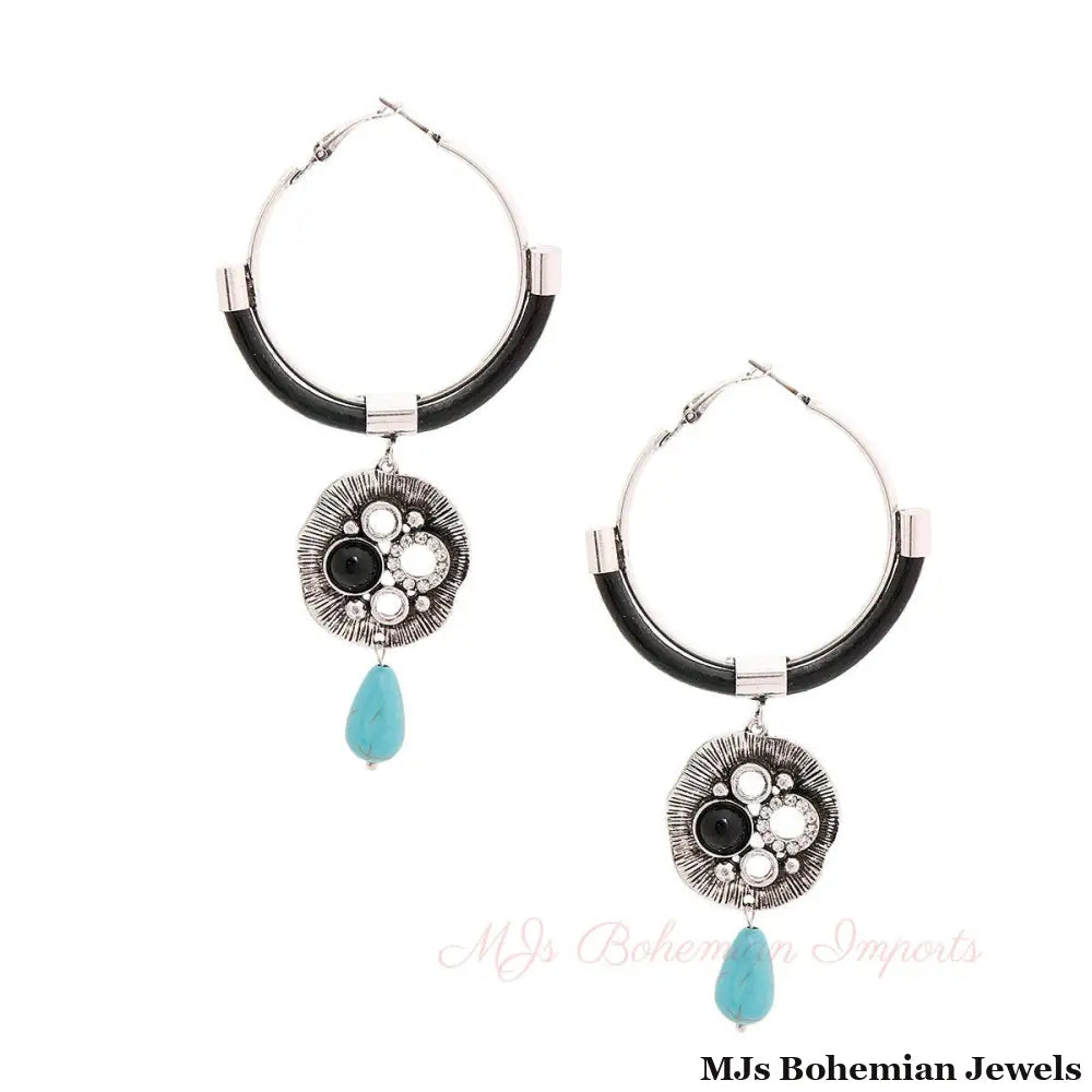 Burnished Silver Turquoise Drop Hoops