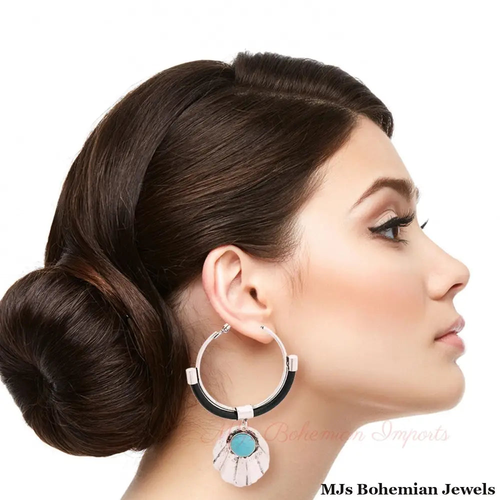 Burnished Silver Turquoise Shell Hoops