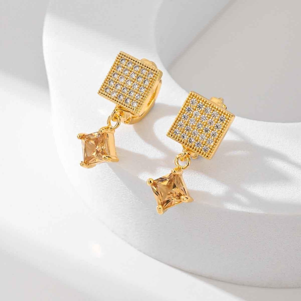 European American Zircon Earrings in Various Colors - Square Fashion Style