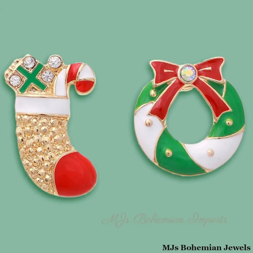 Charming Holiday Duo: Stocking and Wreath Mismatched Studs