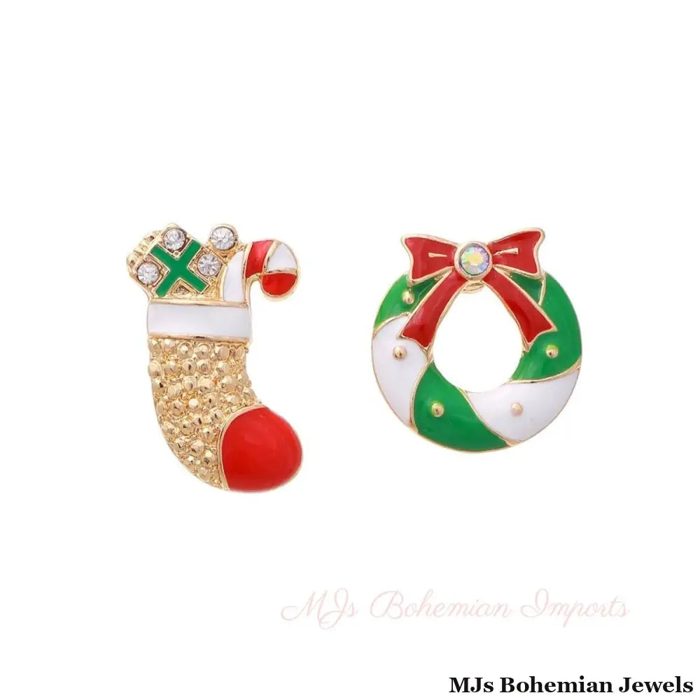 Charming Holiday Duo: Stocking and Wreath Mismatched Studs