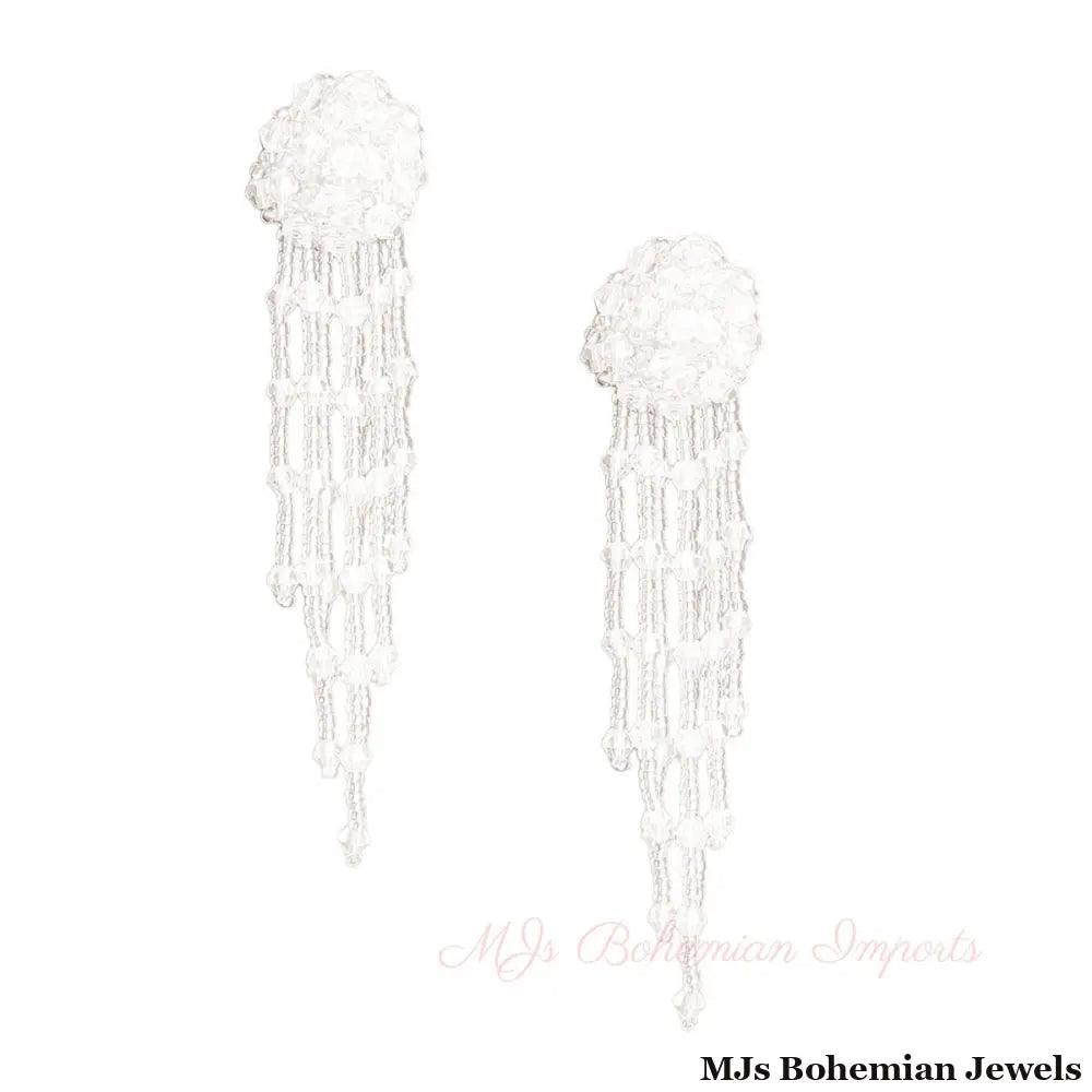 Clear Glass Bead Ball Fringe Earrings