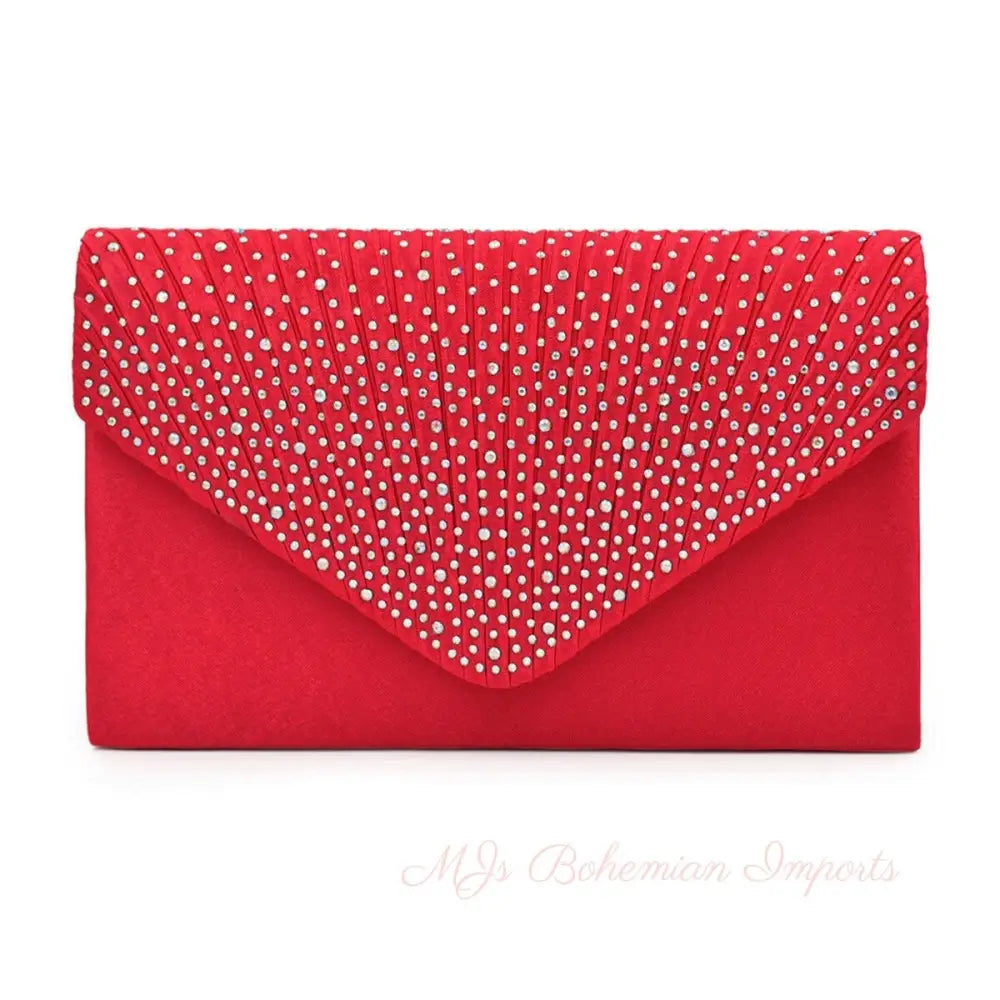 Clutch Red Ruched Rhinestone Bag for Women