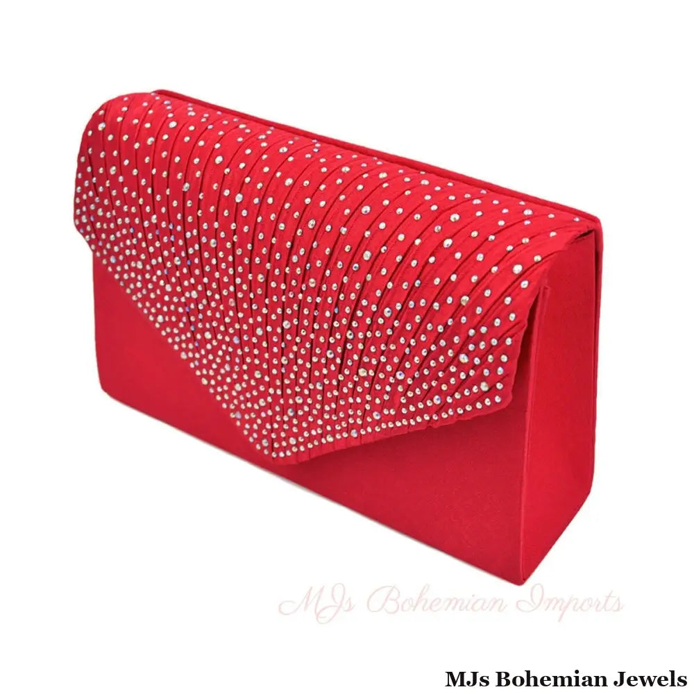 Clutch Red Ruched Rhinestone Bag for Women