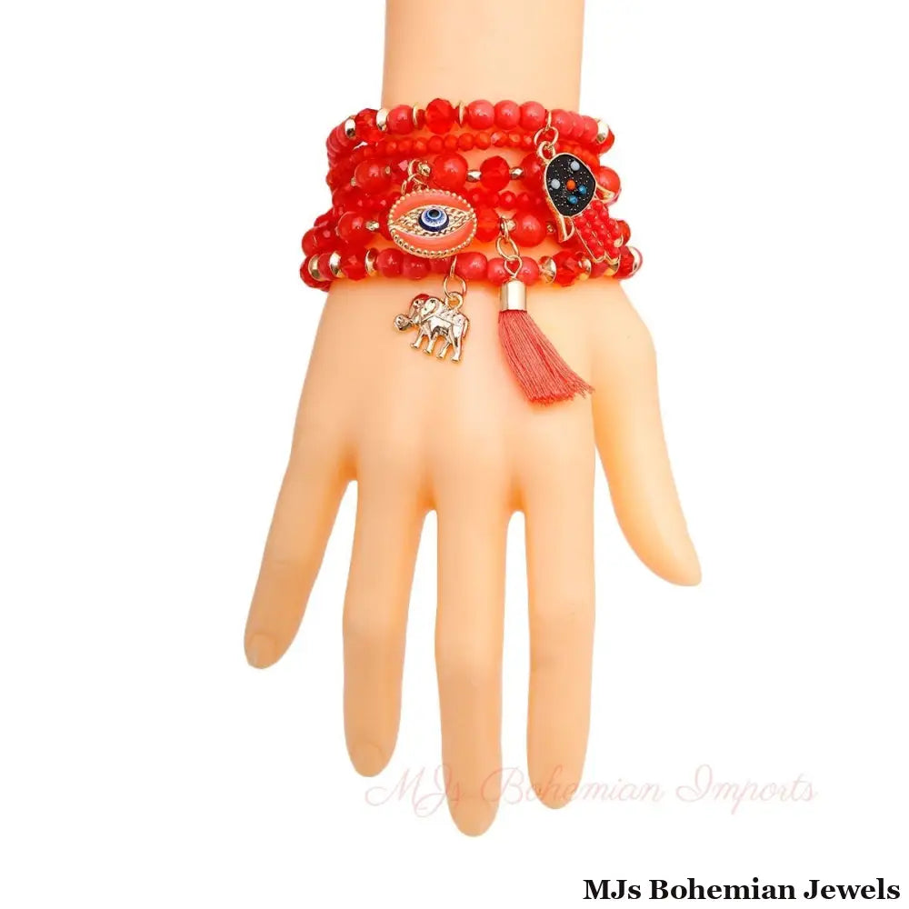 Coral Hamsa 6 Pcs Bracelets