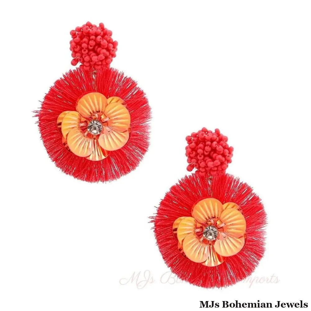 Coral Sequin Flower Tassel Earrings