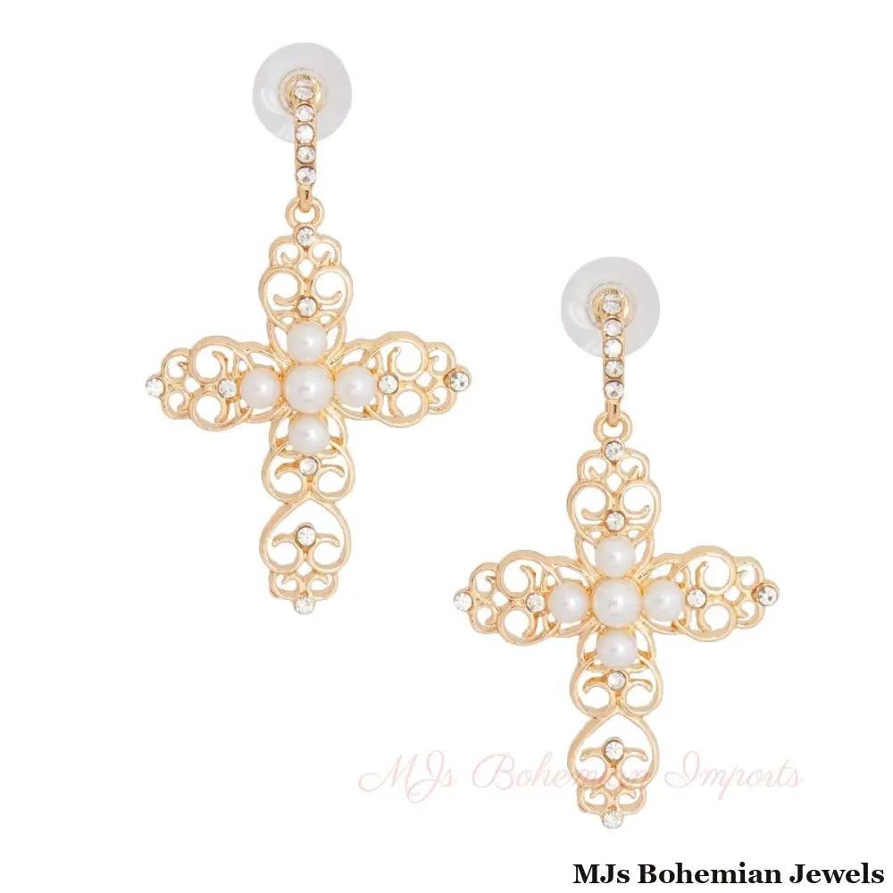 Cream Filigree Cross Earrings