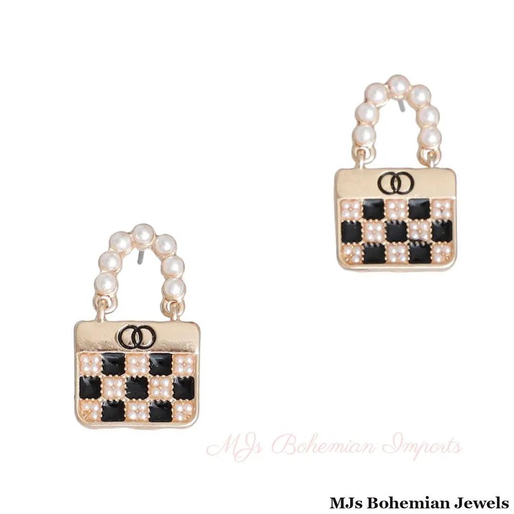 Cream Handle Checker Handbag Earrings