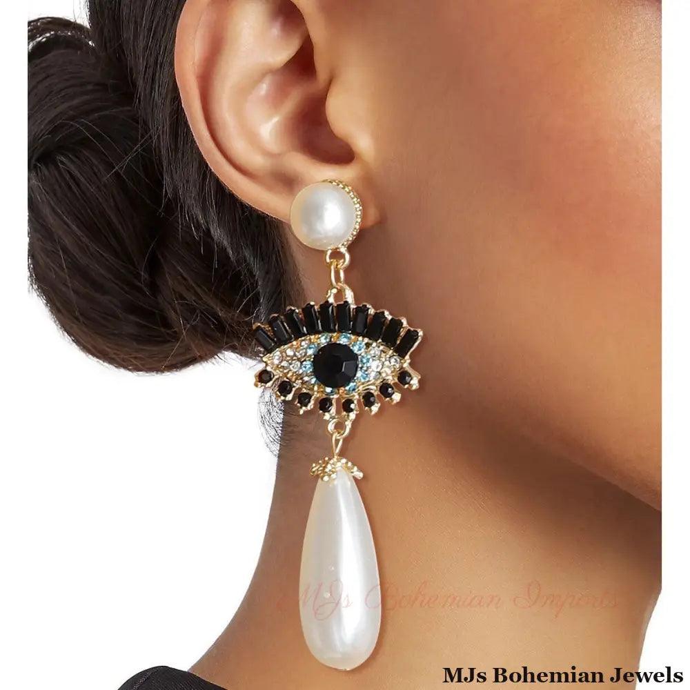 Cream Teardrop Evil Eye Earrings