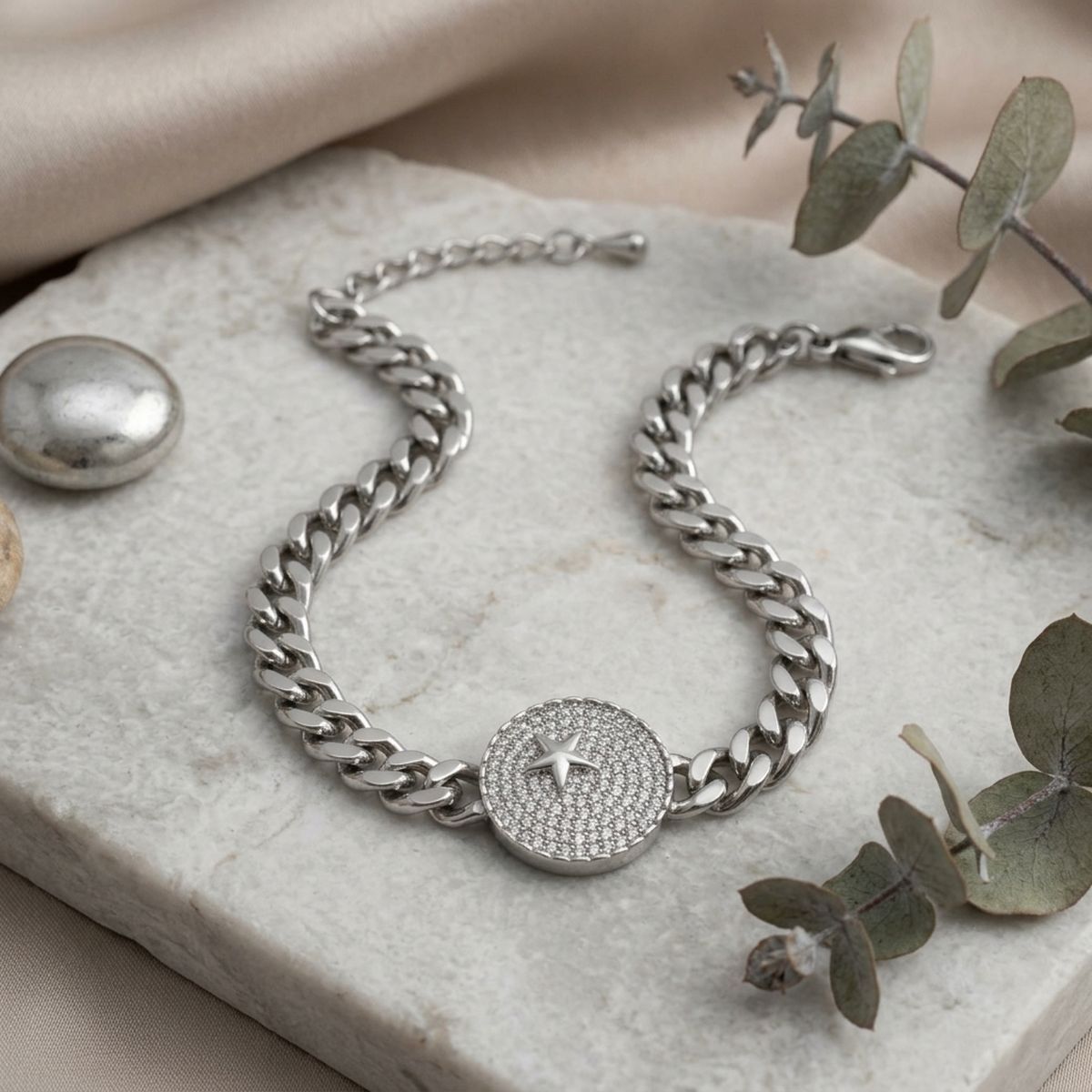 AKA Silver Star Pave CZ Curb Chain Bracelet