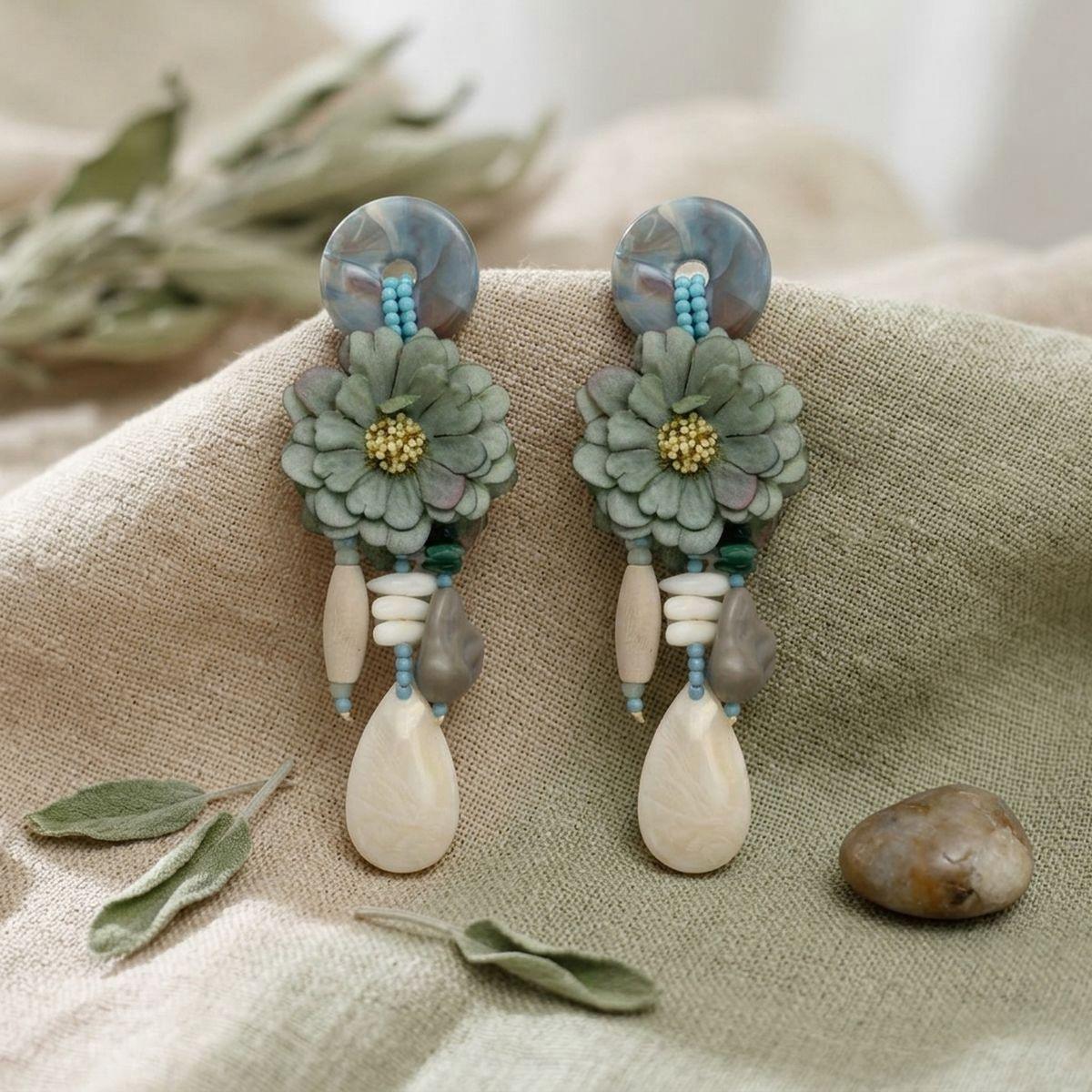 Green Oversized Natural Floral Drop Earrings