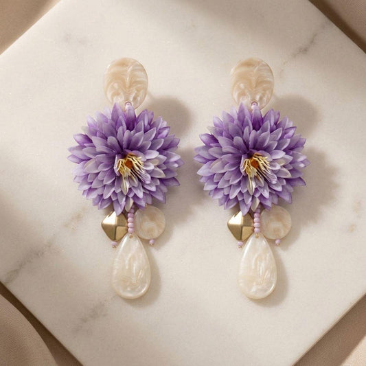 Purple Oversized Tropical Flower Drop Earrings