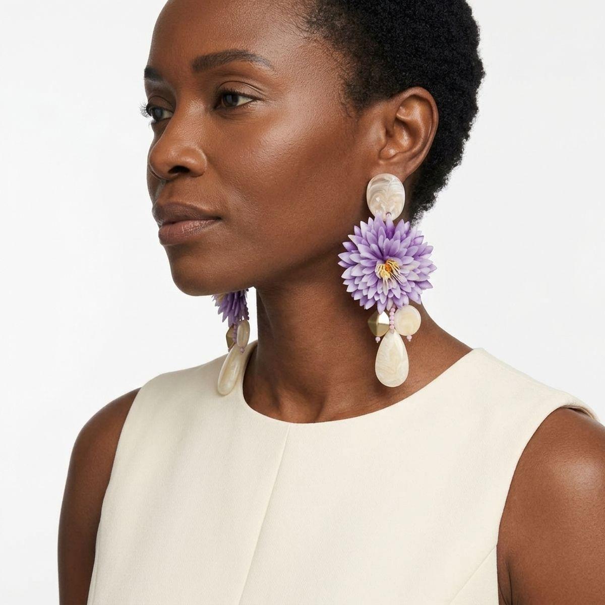 Purple Oversized Tropical Flower Drop Earrings