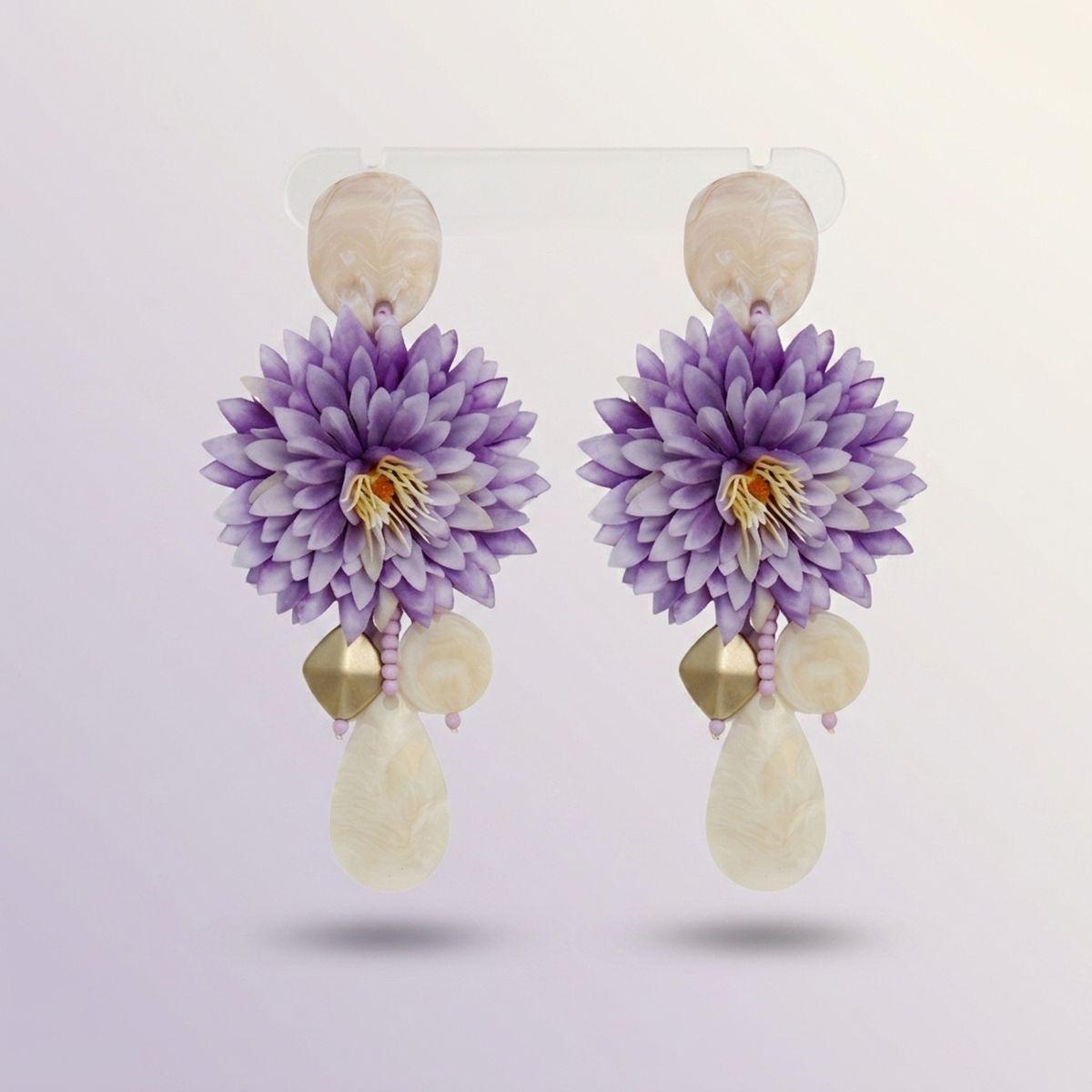 Purple Oversized Tropical Flower Drop Earrings