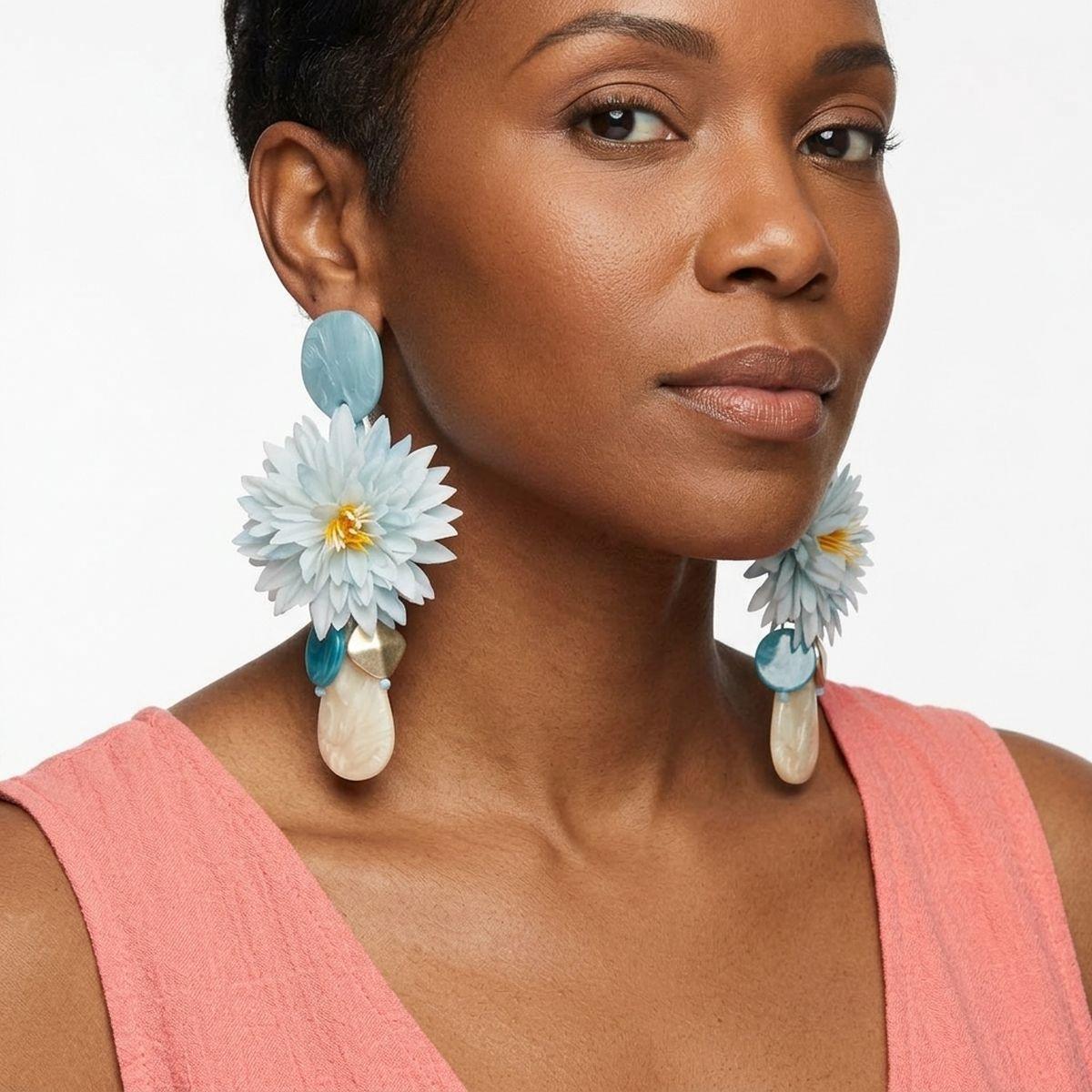Turquoise Oversized Tropical Flower Drop Earrings
