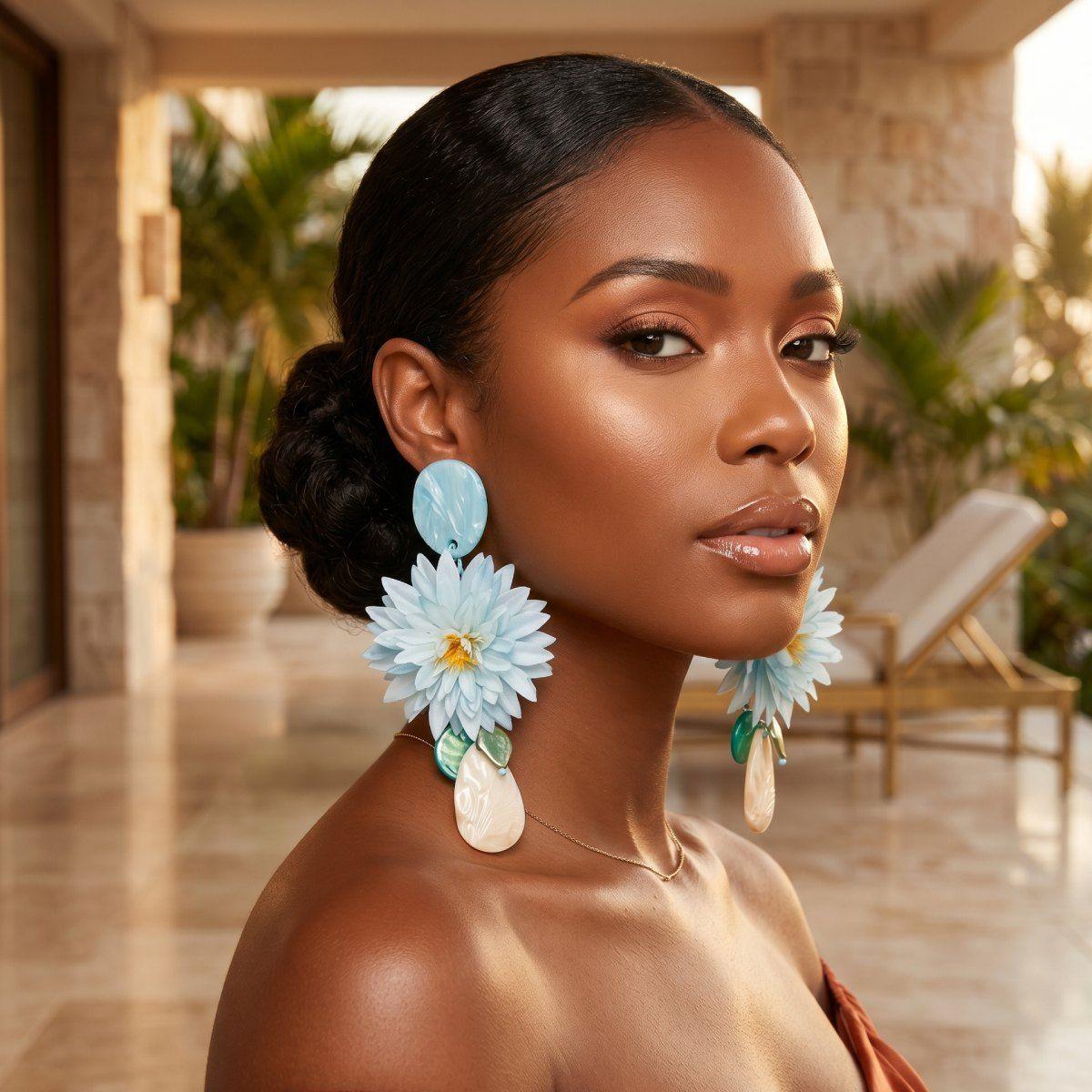 Turquoise Oversized Tropical Flower Drop Earrings