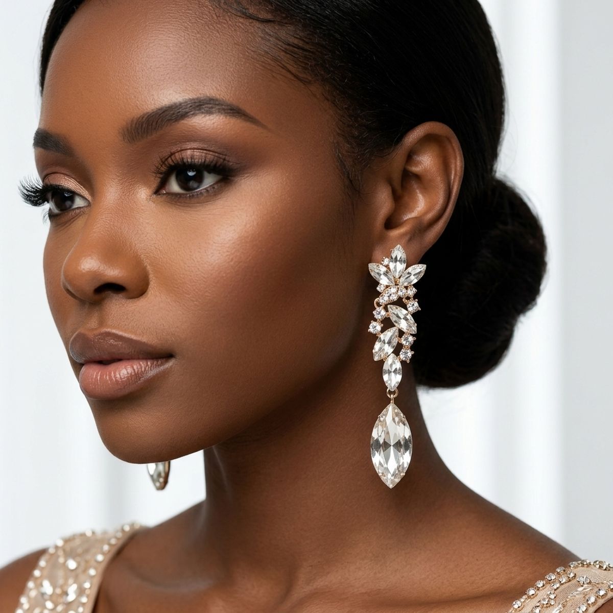 Gold Marquise Glass Crystal Drop Clip On Earrings