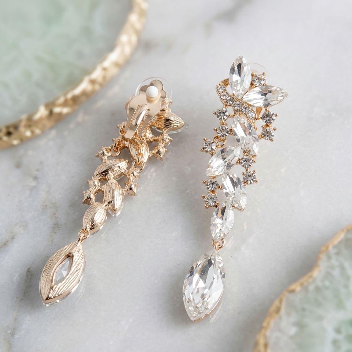Gold Marquise Glass Crystal Drop Clip On Earrings