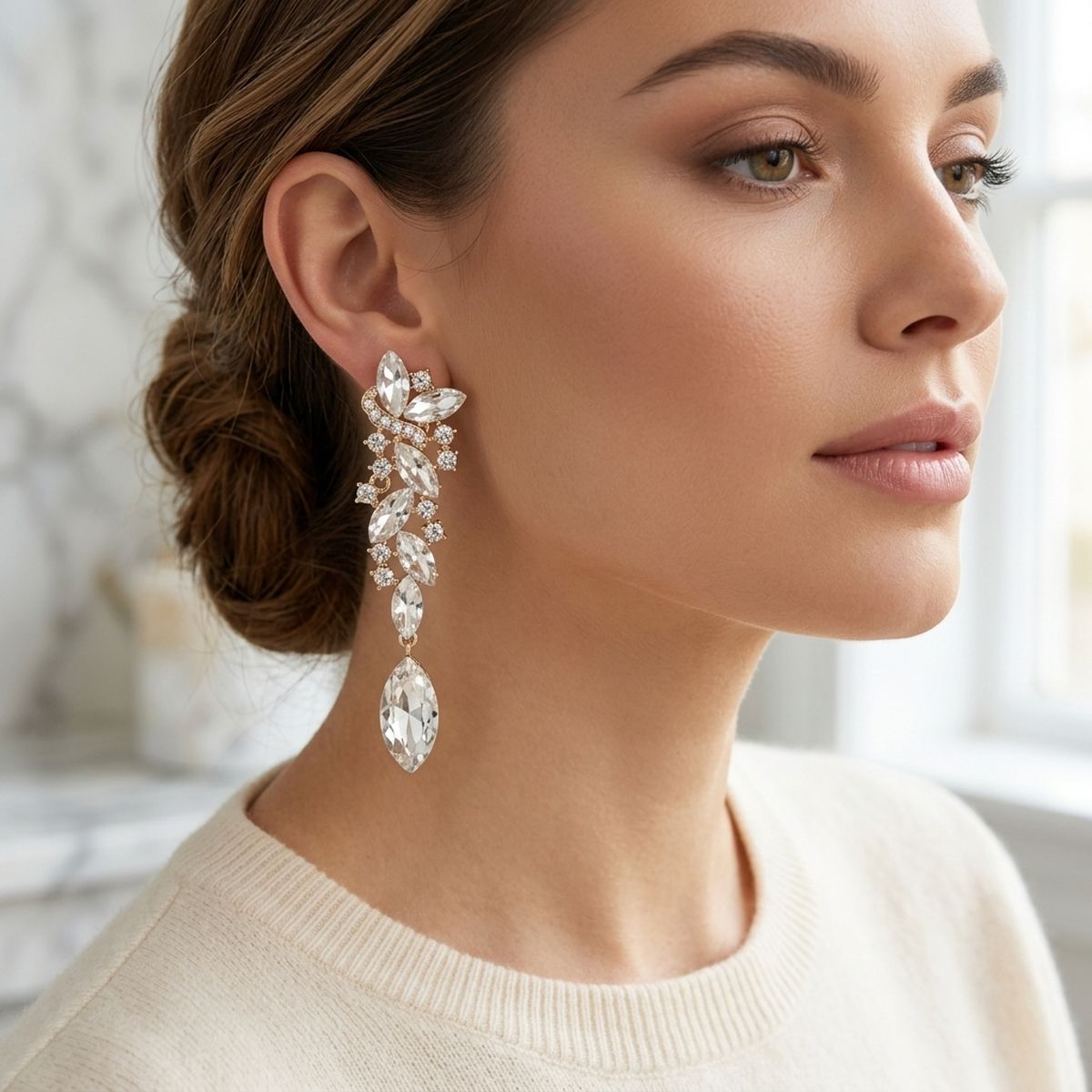 Gold Marquise Glass Crystal Drop Clip On Earrings