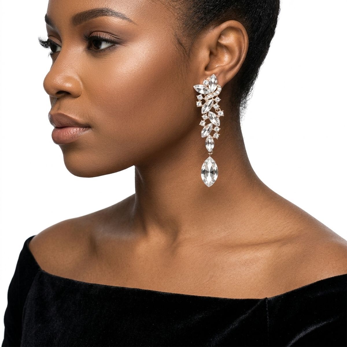 Gold Marquise Glass Crystal Drop Clip On Earrings