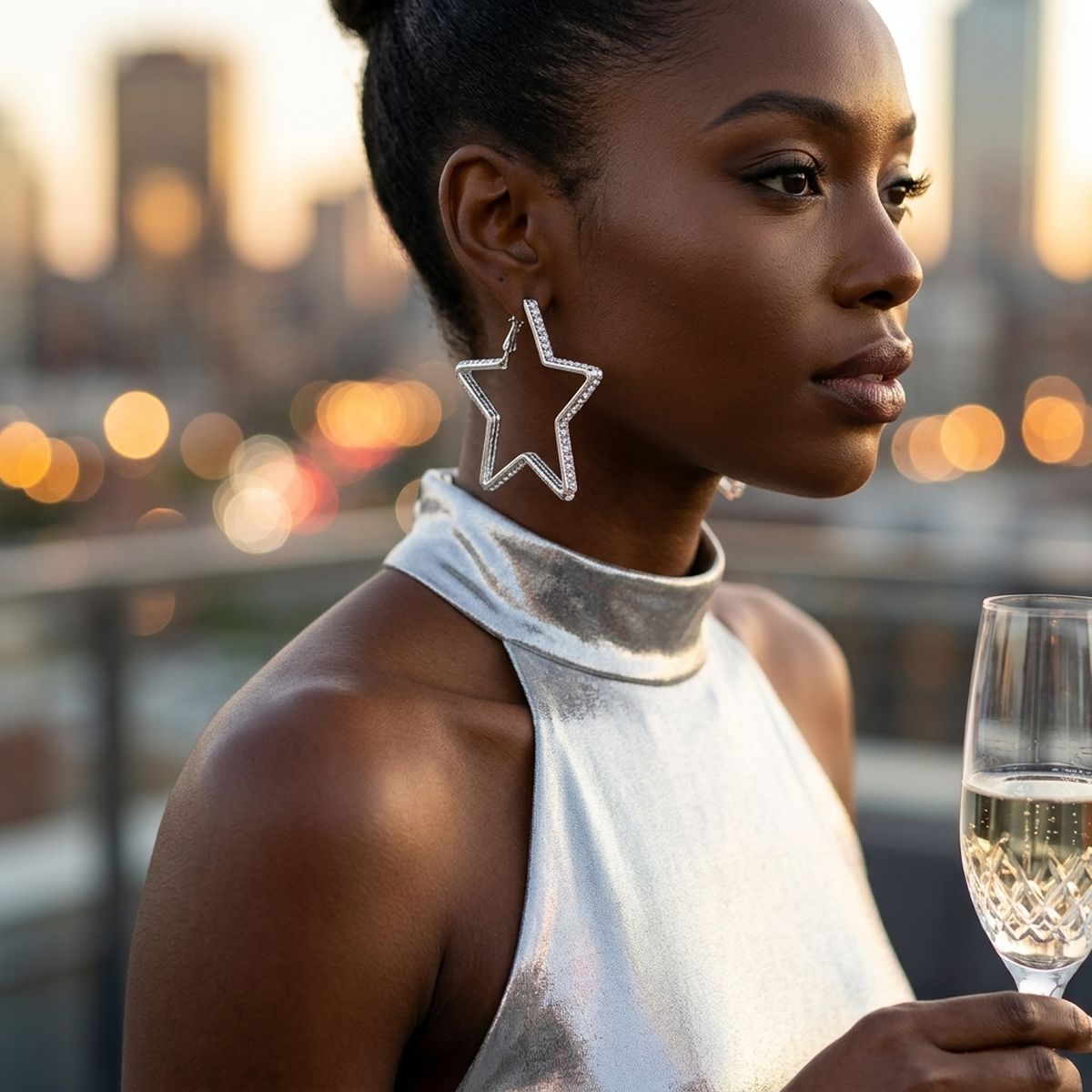 AKA Silver Star Rhinestone Edge Hoop Earrings