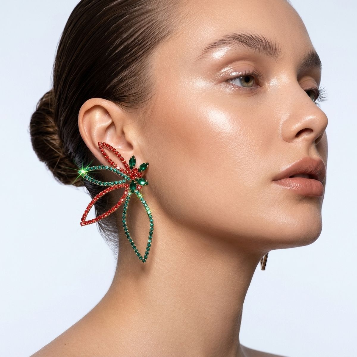 Holiday Red Green Crystal Flower Post Earrings