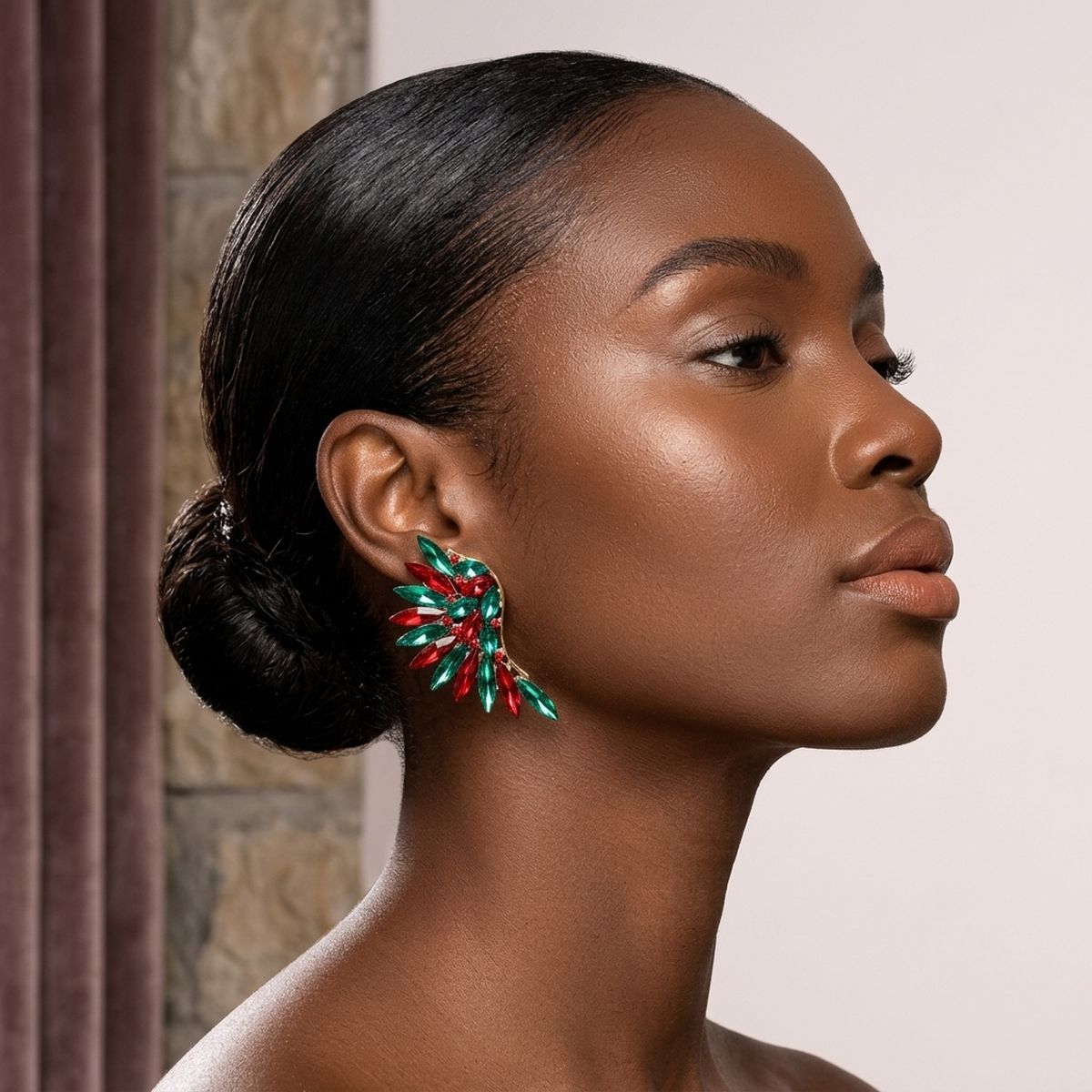 Holiday Red Green Crystal Wing Clip On Earrings