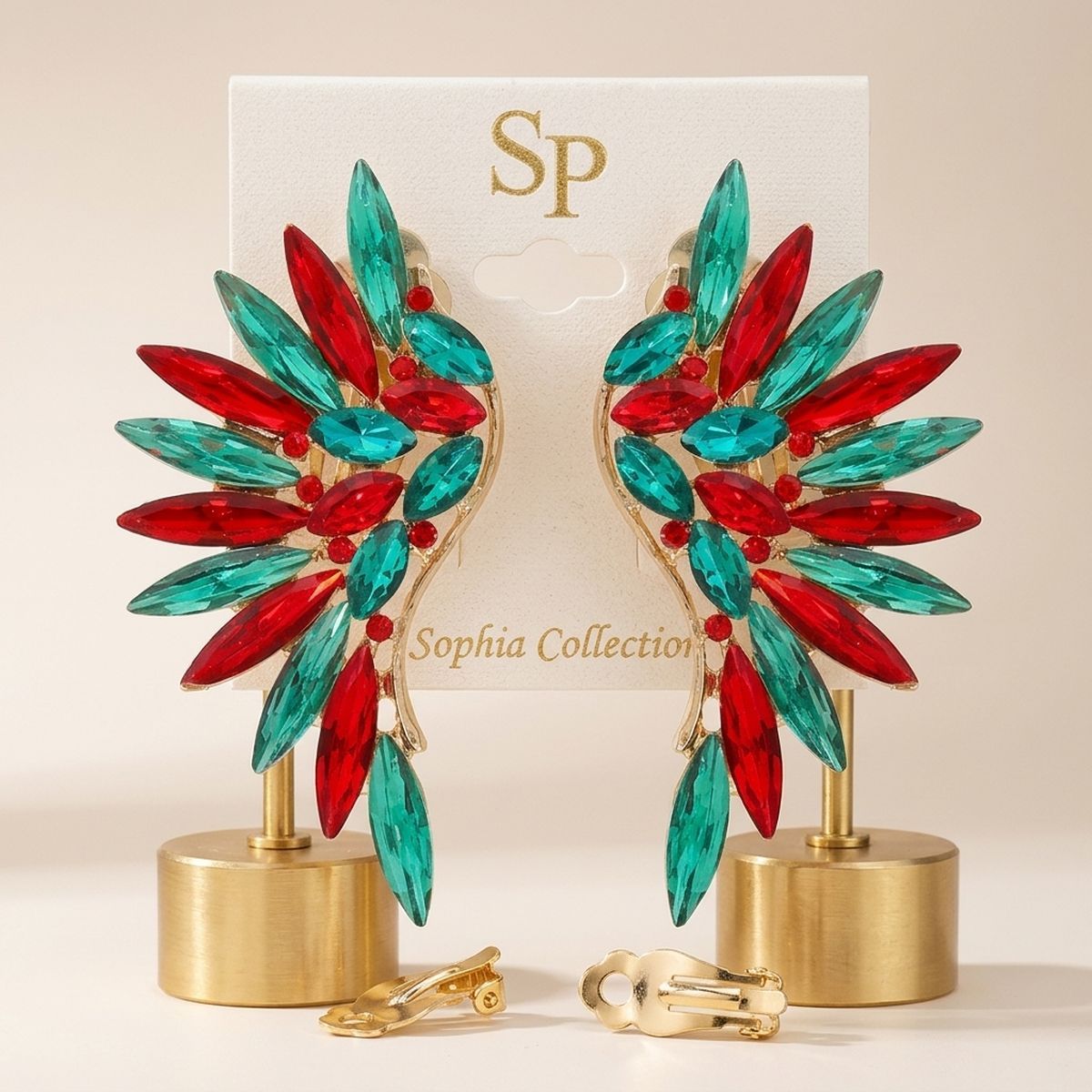 Holiday Red Green Crystal Wing Clip On Earrings