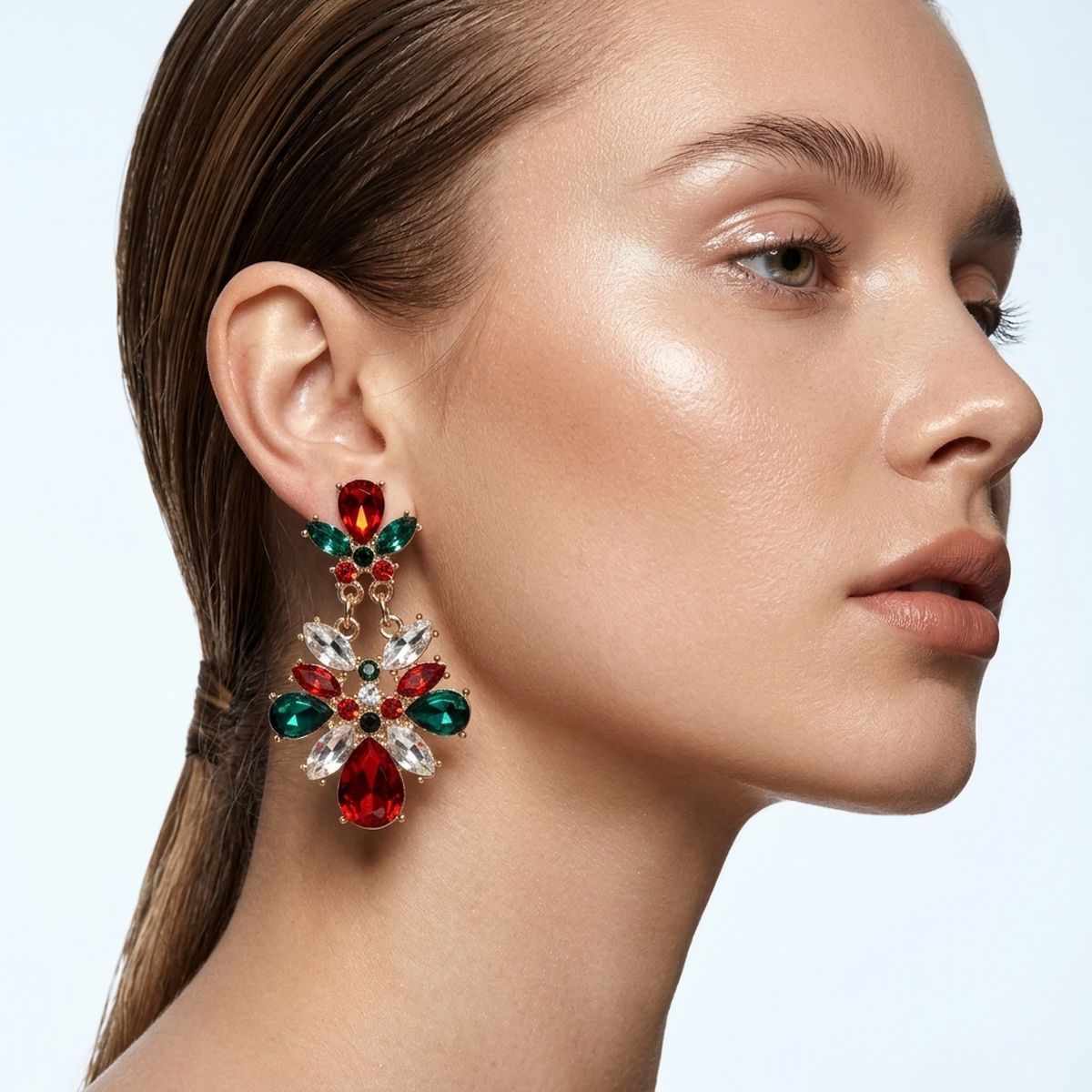Holiday Red Green Crystal Chandelier Earrings