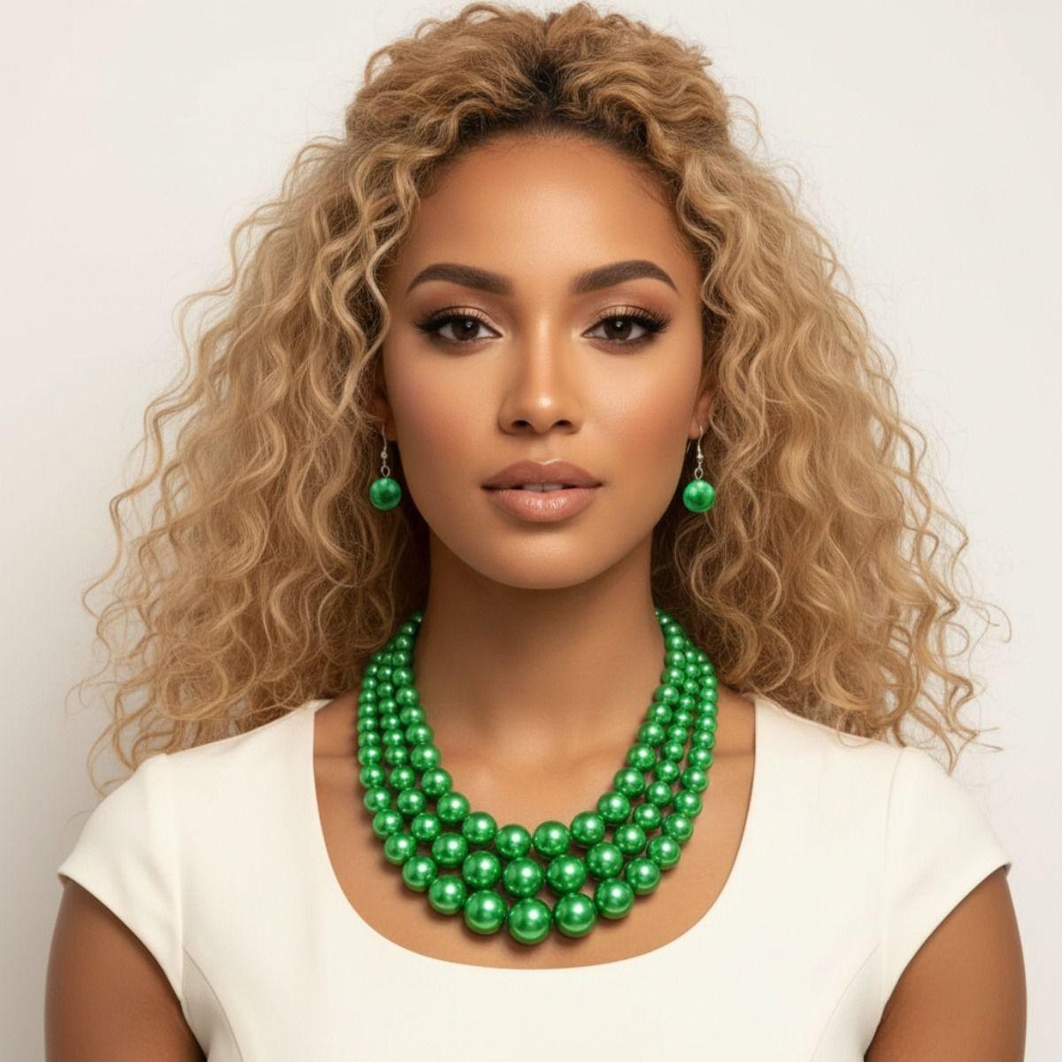 Multi Strand Green Pearl Necklace Set