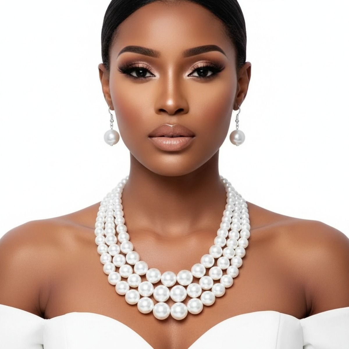 White Pearl 3-Strand Rhodium-Plated Necklace Set