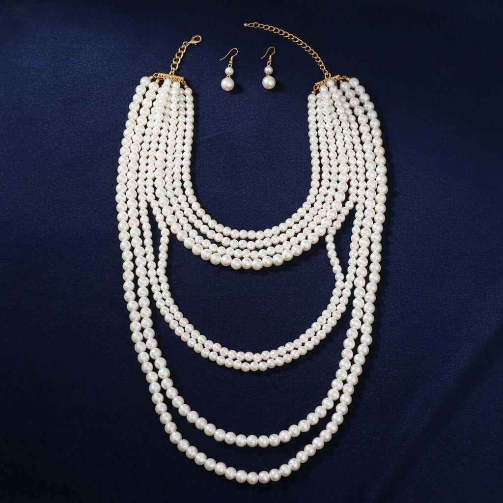 Long Cream Pearl 8 Strand Layered Classic Necklace
