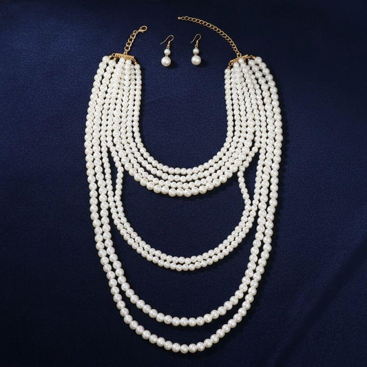 Long Cream Pearl 8 Strand Layered Classic Necklace