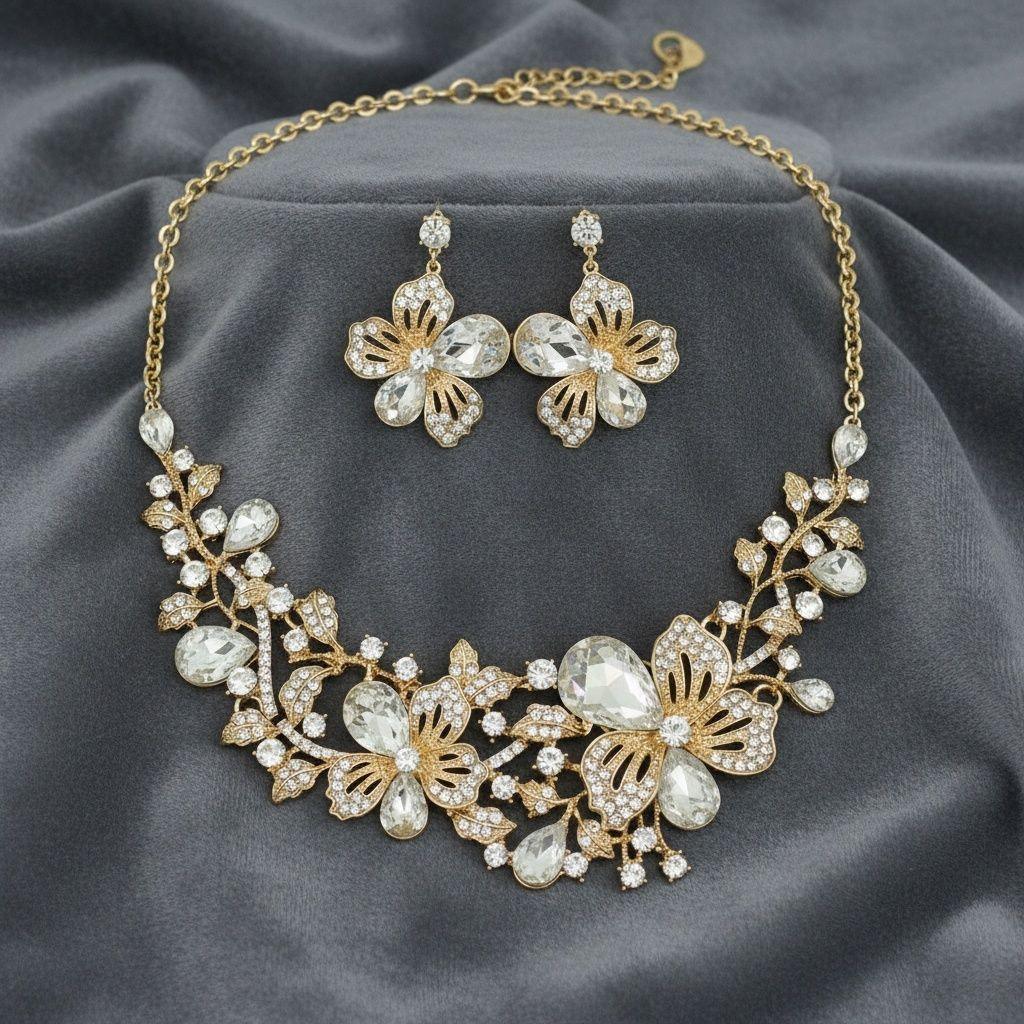 Gold Floral Intricate Crystal Collar Necklace