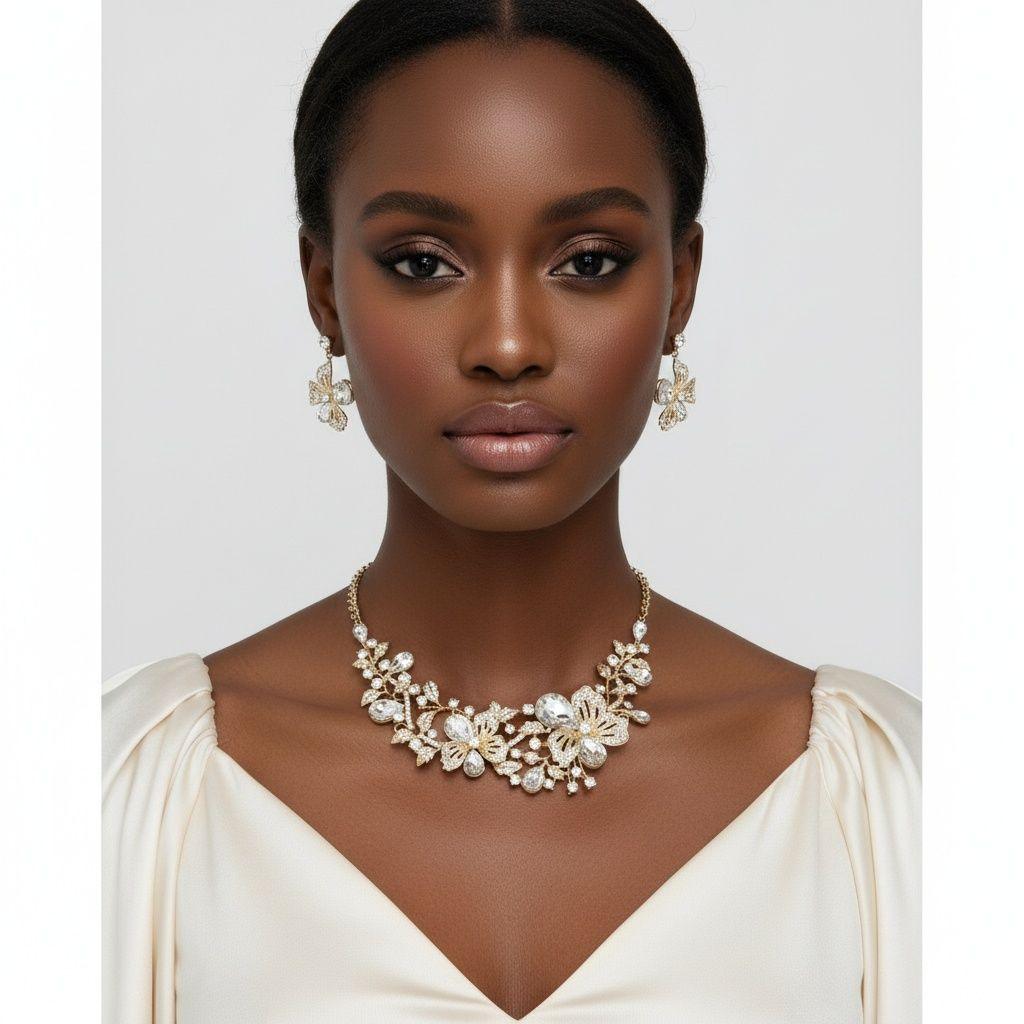 Gold Floral Intricate Crystal Collar Necklace