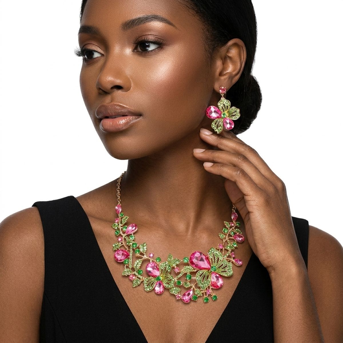 AKA Pink Green Glass Crystal Leaf Collar Necklace