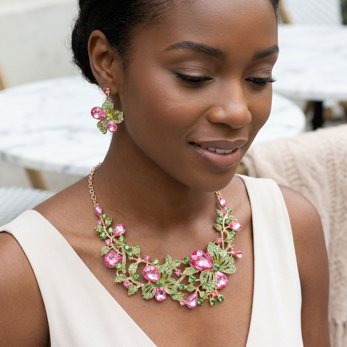 AKA Pink Green Glass Crystal Leaf Collar Necklace