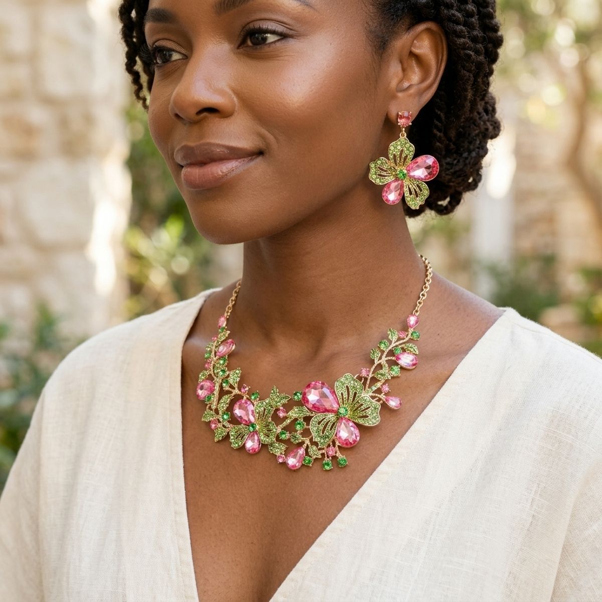 AKA Pink Green Glass Crystal Leaf Collar Necklace