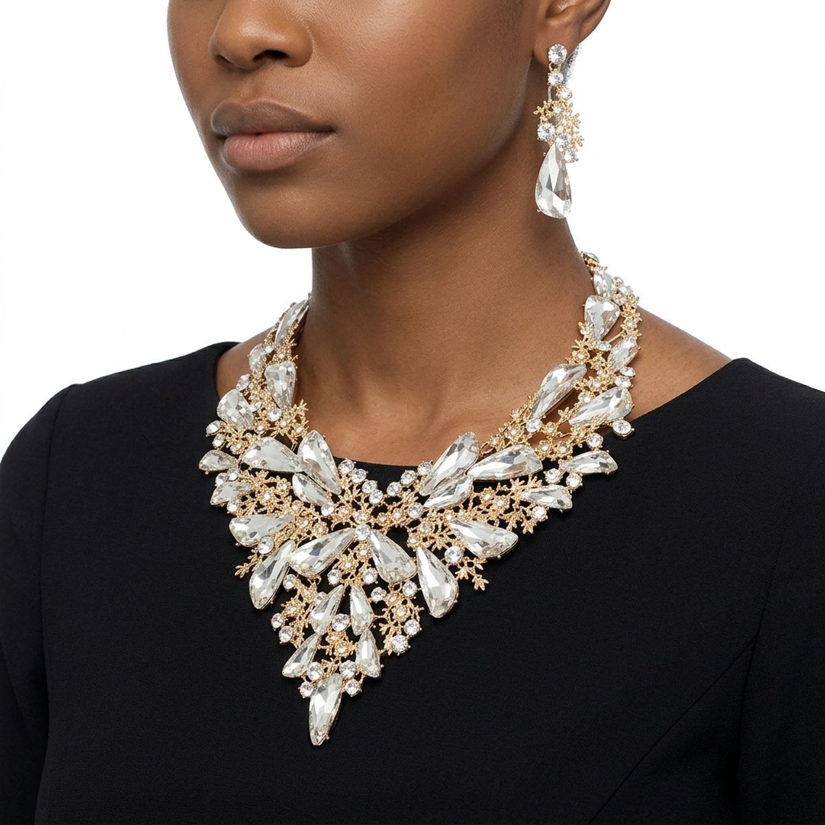 Clear Glass Crystal Gold Flower Large Bib Necklace