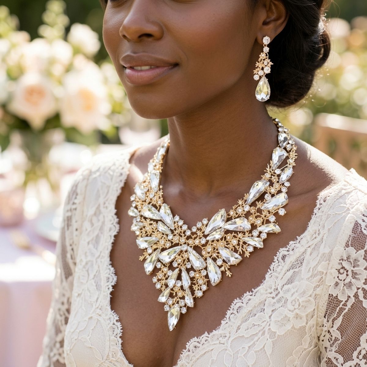 Clear Glass Crystal Gold Flower Large Bib Necklace