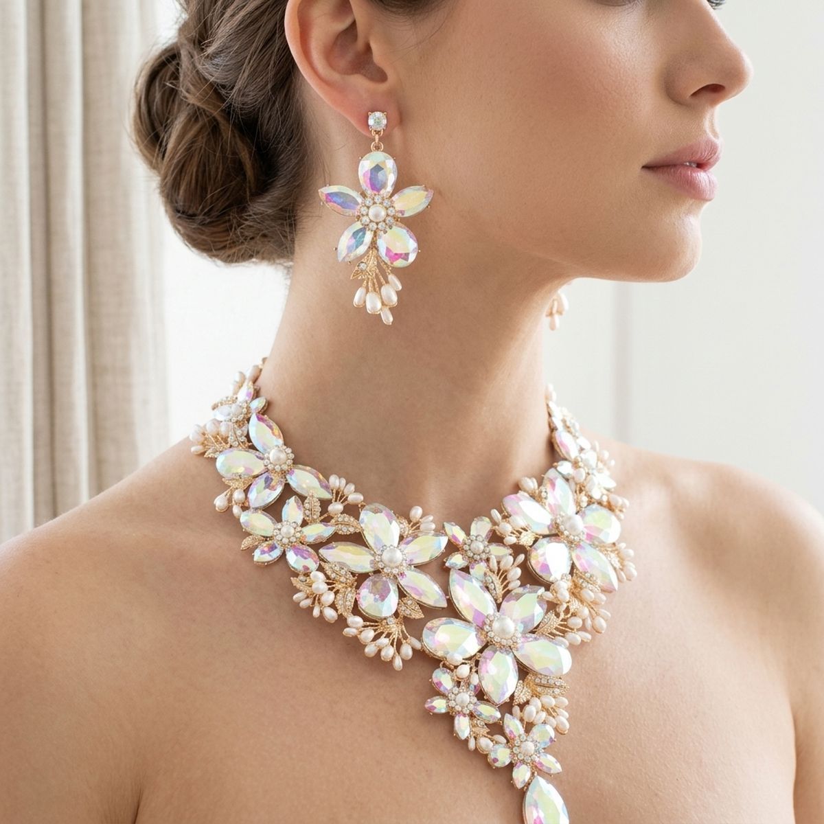 Gold Aurbo Glass Flower Crystal Large Bib Necklace
